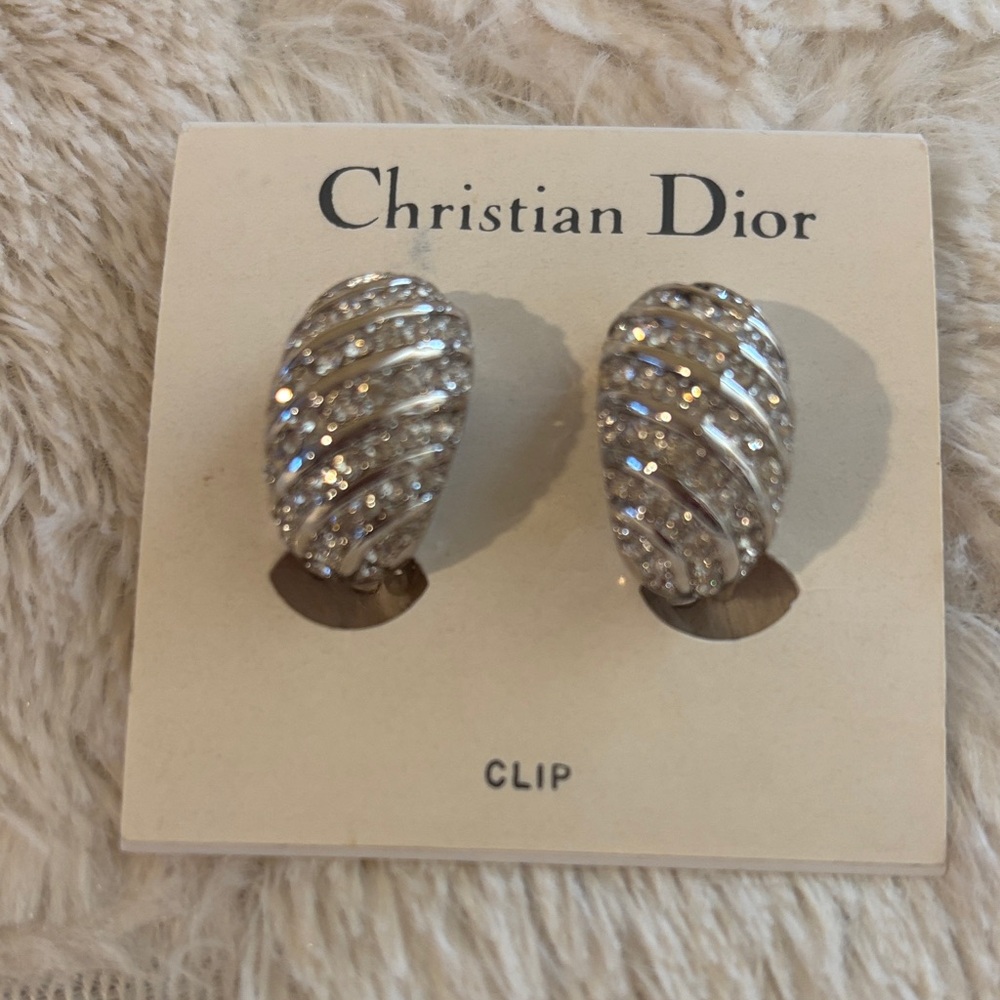 Christian Dior Vintage Silver‎ Tone Crystal Clip Earrings